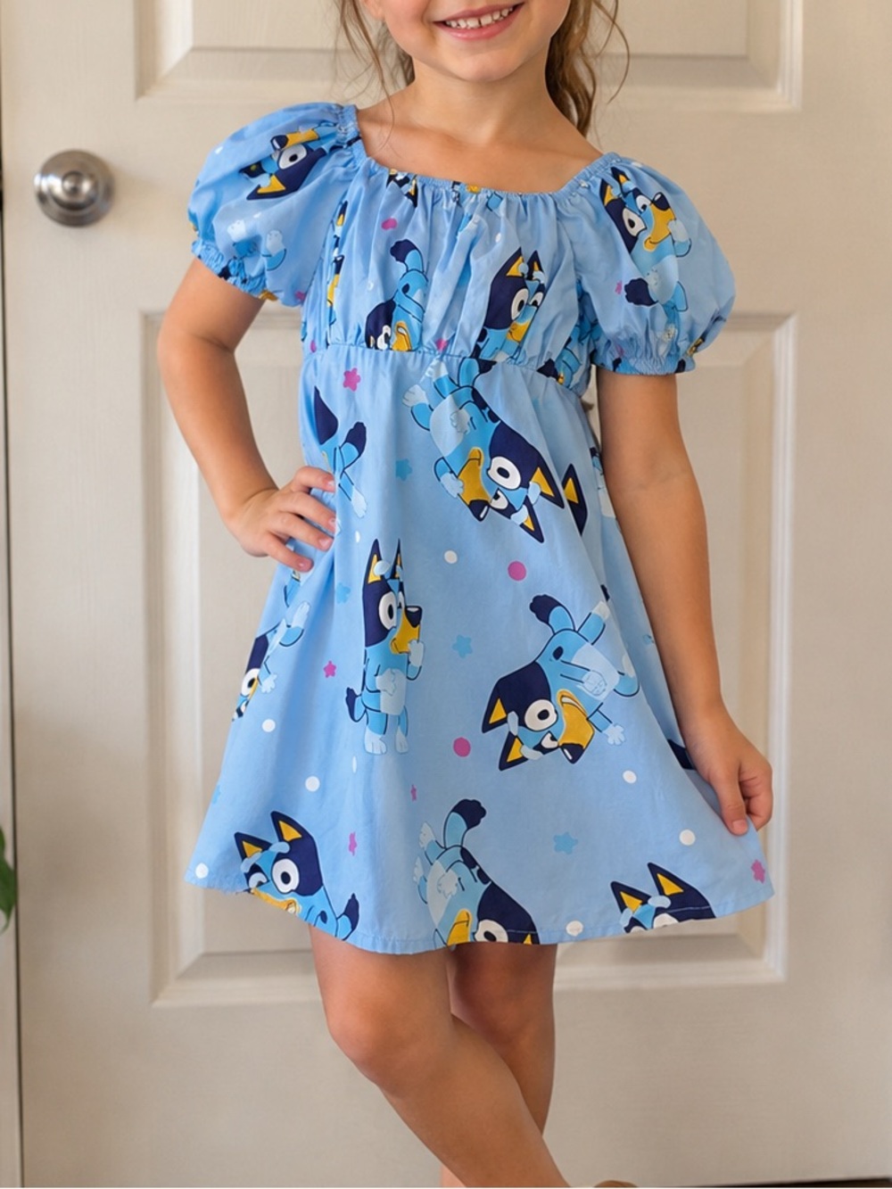 Bluey Girls Dress XS 4/5 Puff Sleeve Smocked Back Cartoon Print Cottagecore EUC